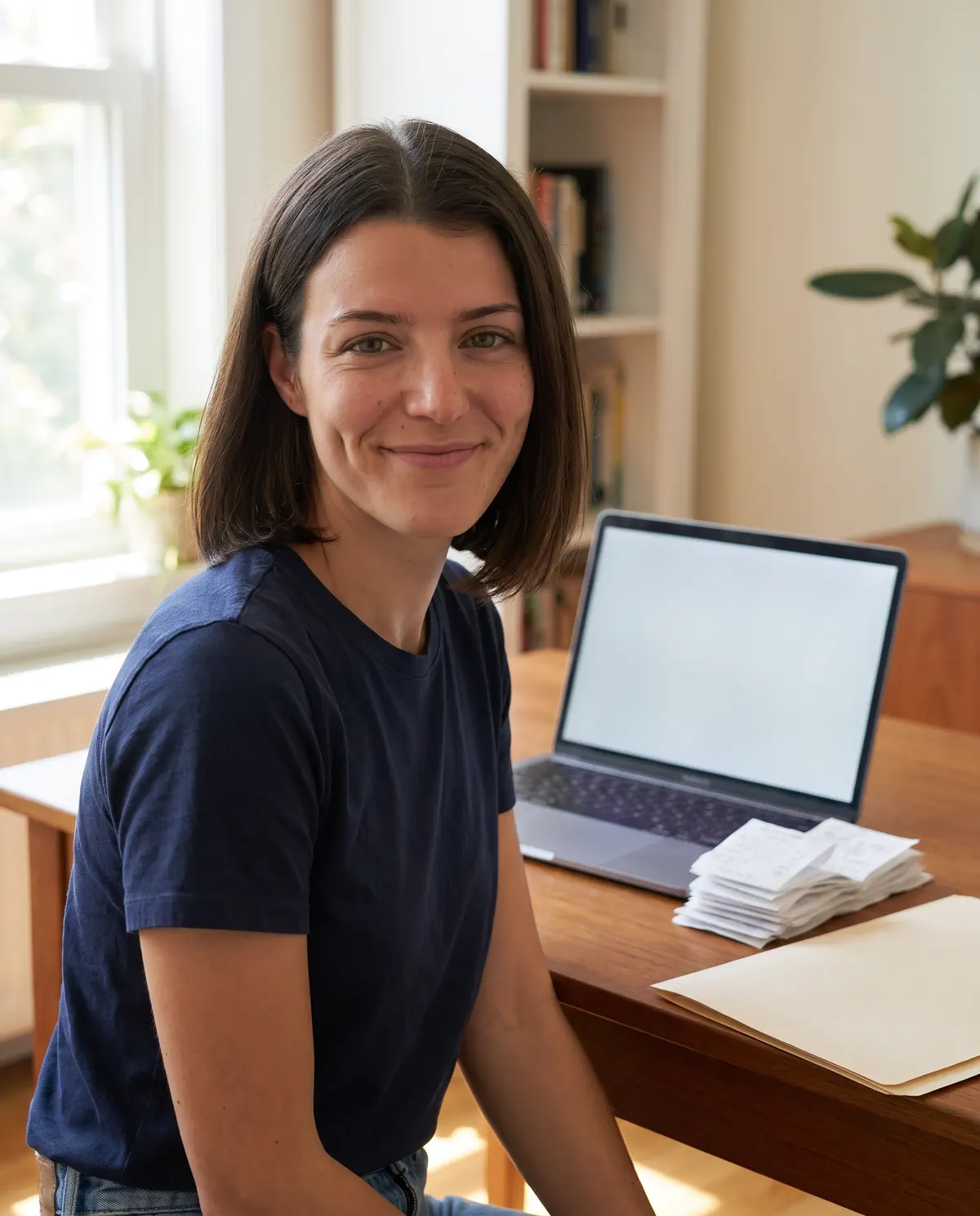 KI-generiertes Bild: Nova Tessin am Schreibtisch mit Laptop